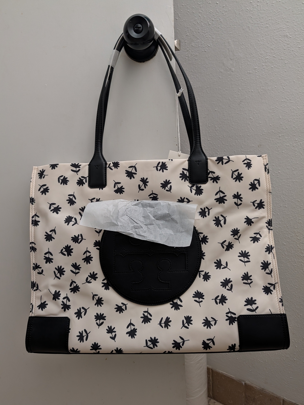 Tory Burch Black Scattered Daisy Floral and Cream Logo Tote